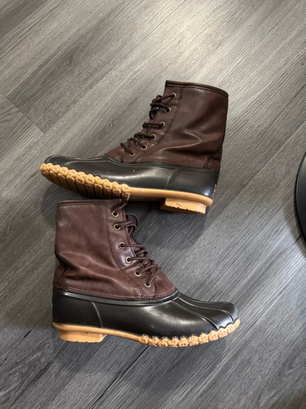 Men's Brown Leather and Black Duck Boots - Lace-Up Weatherproof Style